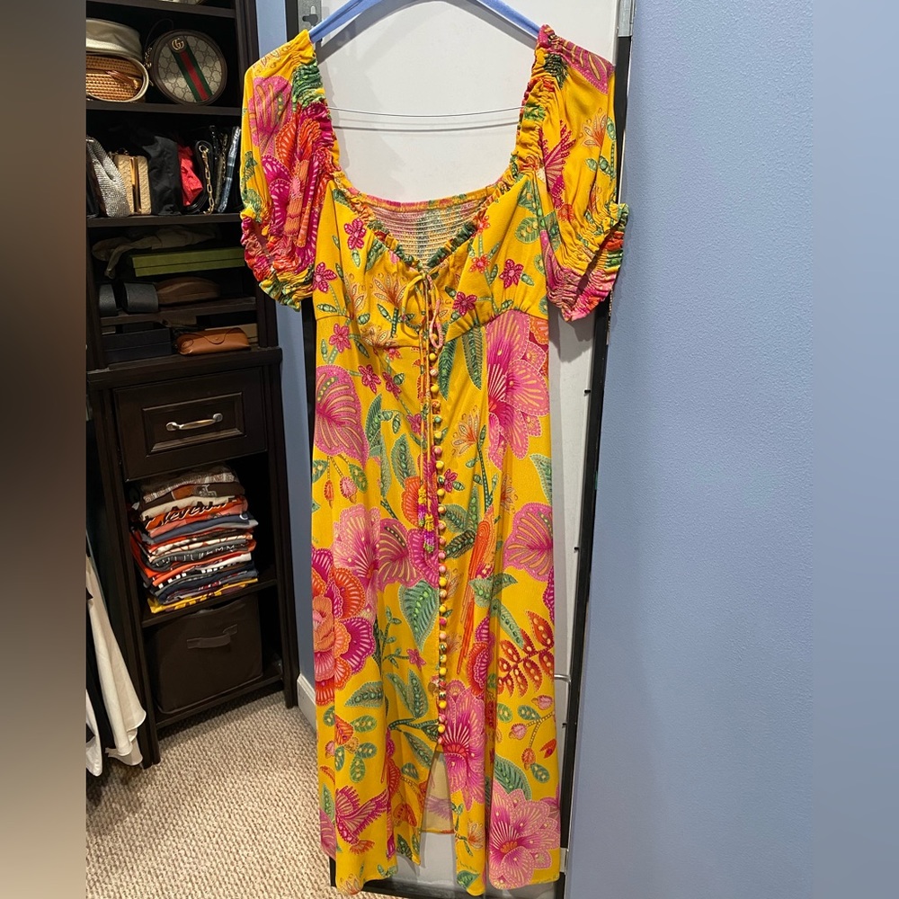 Farm Rio Yellow Bloom Puff Sleeve Midi Dress